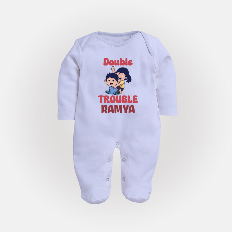Double Trouble Sleep suit/full sleeve body suit | Custom Baby Sleep suit/full sleeve body suit for Sibling Fun - BABY BLUE - New Born (Chest 7.5")