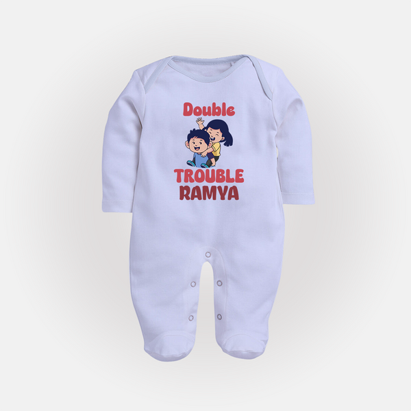 Double Trouble Sleep suit/full sleeve body suit | Custom Baby Sleep suit/full sleeve body suit for Sibling Fun - BABY BLUE - New Born (Chest 7.5")