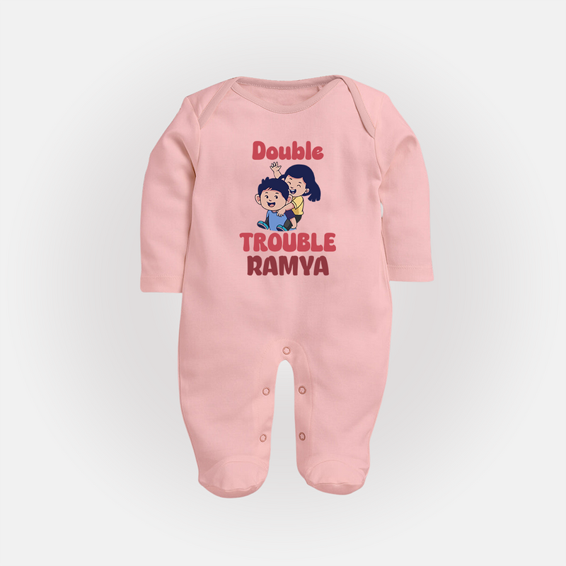 Double Trouble Sleep suit/full sleeve body suit | Custom Baby Sleep suit/full sleeve body suit for Sibling Fun - BABY PINK - New Born (Chest 7.5")