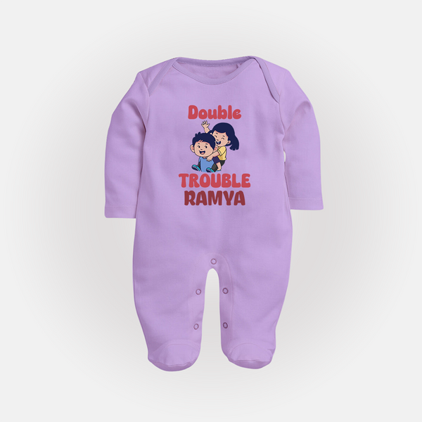 Double Trouble Sleep suit/full sleeve body suit | Custom Baby Sleep suit/full sleeve body suit for Sibling Fun - LILAC - New Born (Chest 7.5")