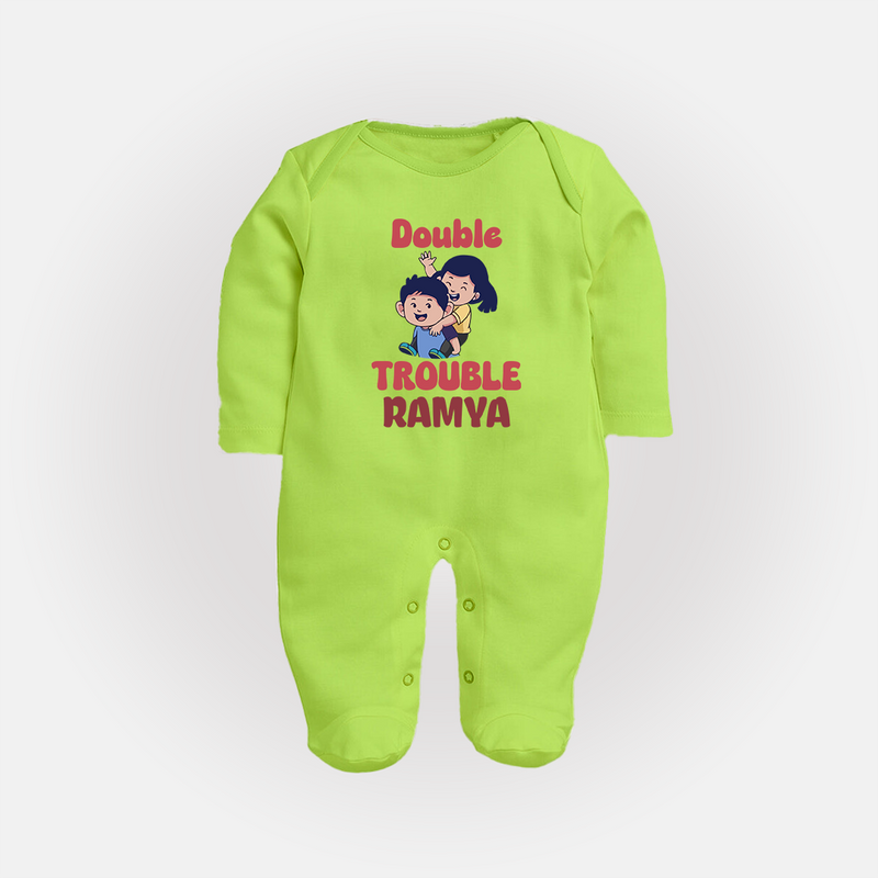 Double Trouble Sleep suit/full sleeve body suit | Custom Baby Sleep suit/full sleeve body suit for Sibling Fun - LIME GREEN - New Born (Chest 7.5")