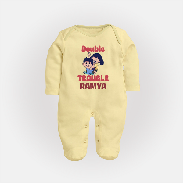 Double Trouble Sleep suit/full sleeve body suit | Custom Baby Sleep suit/full sleeve body suit for Sibling Fun - PASTEL YELLOW - New Born (Chest 7.5")