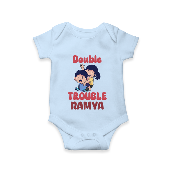Double Trouble Romper/onesie | Custom Baby Romper/onesie for Sibling Fun - BABY BLUE - New Born (Chest 14")