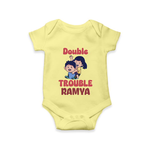 Double Trouble Romper/onesie | Custom Baby Romper/onesie for Sibling Fun - PASTEL YELLOW - New Born (Chest 14")