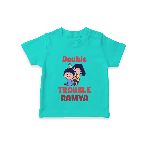 Double Trouble T-shirt | Custom Baby T-shirt for Sibling Fun - TEAL - 0-5 Months Old (Chest 17")