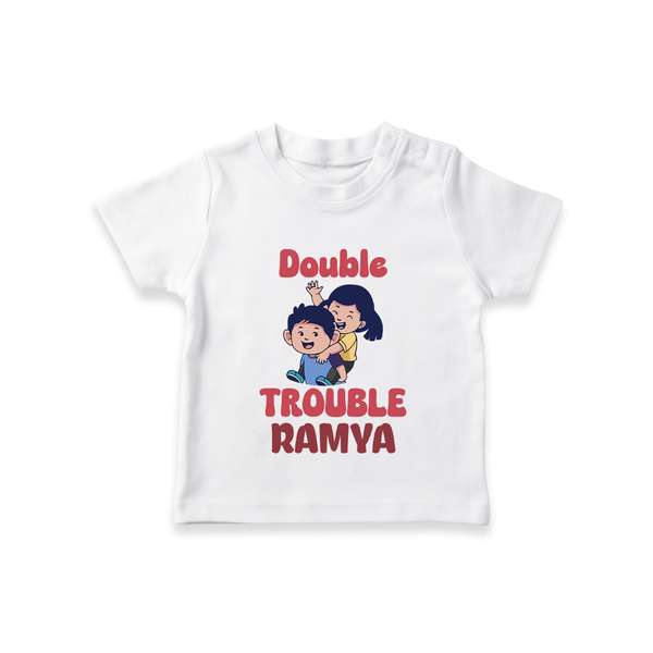 Double Trouble T-shirt | Custom Baby T-shirt for Sibling Fun - WHITE - 0-5 Months Old (Chest 17")