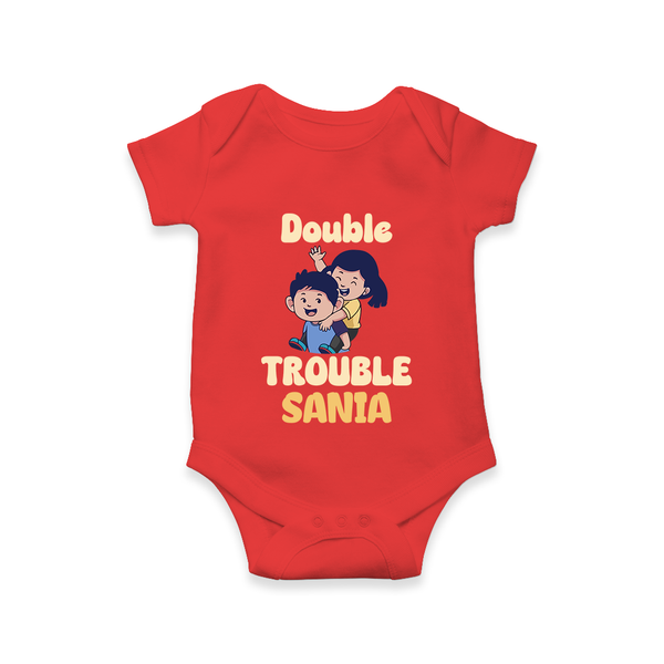 Double Trouble Romper/onesie | Custom Baby Romper/onesie for Sibling Fun - RED - New Born (Chest 14")