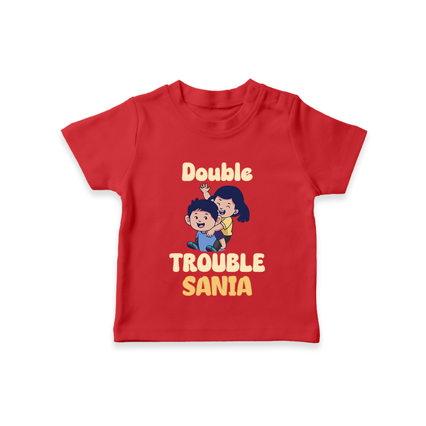 Double Trouble T-shirt | Custom Baby T-shirt for Sibling Fun - RED - 0-5 Months Old (Chest 17")