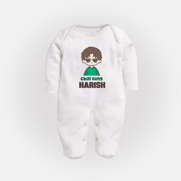 Chill King Sleep suit/full sleeve body suit | Personalized Baby Sleep suit/full sleeve body suit for the Little King - WHITE - New Born (Chest 7.5")