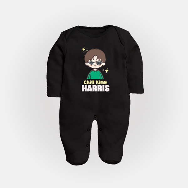 Chill King Sleep suit/full sleeve body suit | Personalized Baby Sleep suit/full sleeve body suit for the Little King - BLACK - New Born (Chest 7.5")