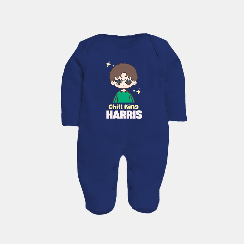 Chill King Sleep suit/full sleeve body suit | Personalized Baby Sleep suit/full sleeve body suit for the Little King - NAVY BLUE - New Born (Chest 7.5")
