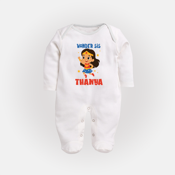 Wonder Sis Sleep suit/full sleeve body suit | Custom Baby Sleep suit/full sleeve body suit for the Wonder Sister - WHITE - New Born (Chest 7.5")
