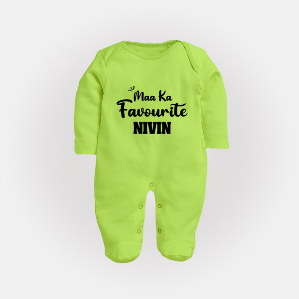 Maa Ka Favourite Sleep suit/full sleeve body suit | Personalized Baby Sleep suit/full sleeve body suit for the Favourite One - LIME GREEN - New Born (Chest 7.5")