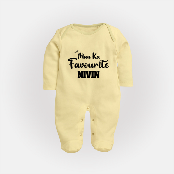 Maa Ka Favourite Sleep suit/full sleeve body suit | Personalized Baby Sleep suit/full sleeve body suit for the Favourite One - PASTEL YELLOW - New Born (Chest 7.5")