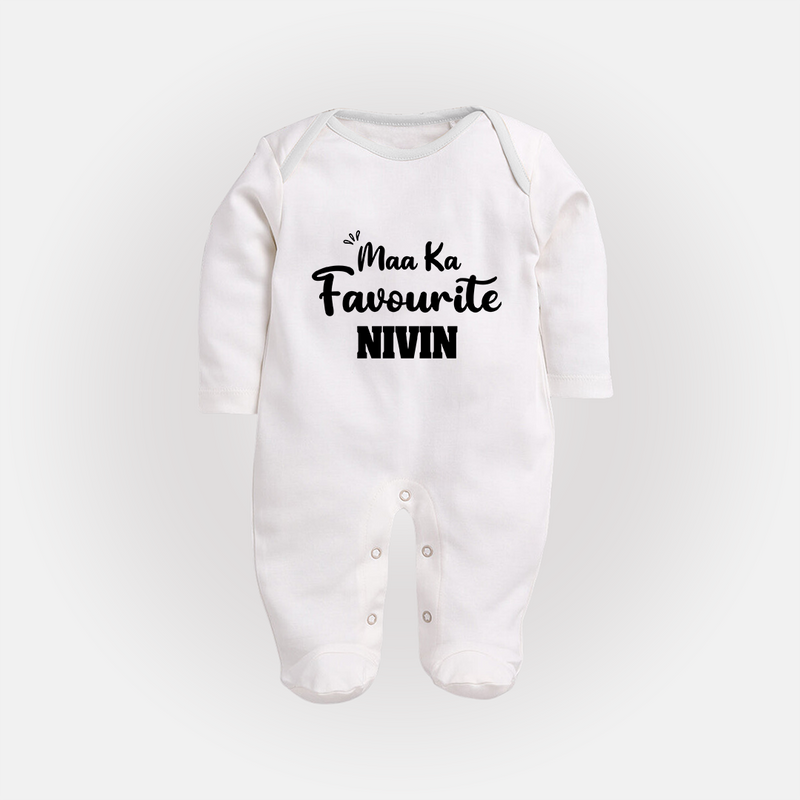 Maa Ka Favourite Sleep suit/full sleeve body suit | Personalized Baby Sleep suit/full sleeve body suit for the Favourite One - WHITE - New Born (Chest 7.5")