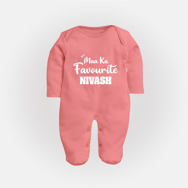 Maa Ka Favourite Sleep suit/full sleeve body suit | Personalized Baby Sleep suit/full sleeve body suit for the Favourite One - PEACH - New Born (Chest 7.5")