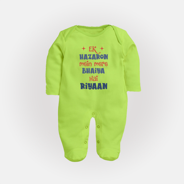 Ek Hazaron Mein Mere Bhaiya Hai Sleep suit/full sleeve body suit | Personalized Baby Sleep suit/full sleeve body suit for the One in a Million Brother - LIME GREEN - New Born (Chest 7.5")