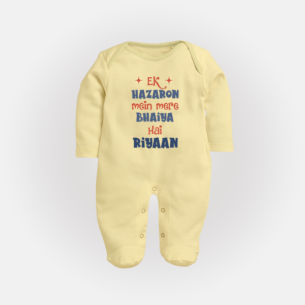 Ek Hazaron Mein Mere Bhaiya Hai Sleep suit/full sleeve body suit | Personalized Baby Sleep suit/full sleeve body suit for the One in a Million Brother - PASTEL YELLOW - New Born (Chest 7.5")
