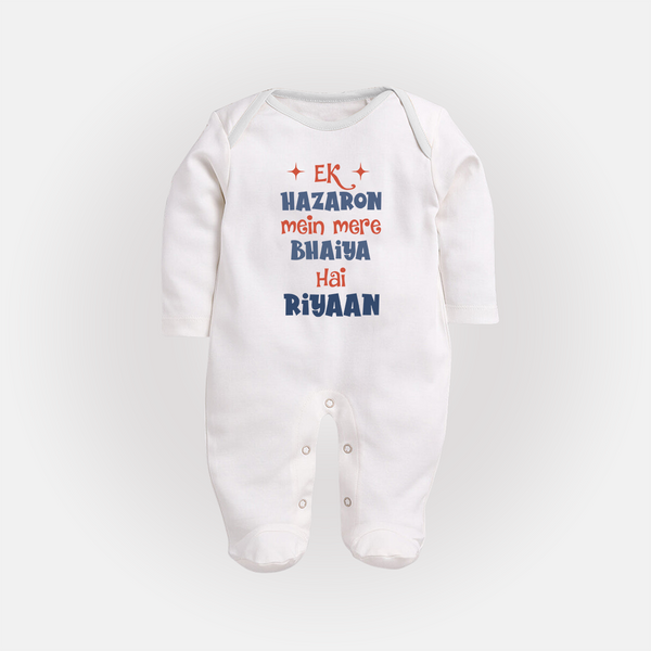 Ek Hazaron Mein Mere Bhaiya Hai Sleep suit/full sleeve body suit | Personalized Baby Sleep suit/full sleeve body suit for the One in a Million Brother - WHITE - New Born (Chest 7.5")