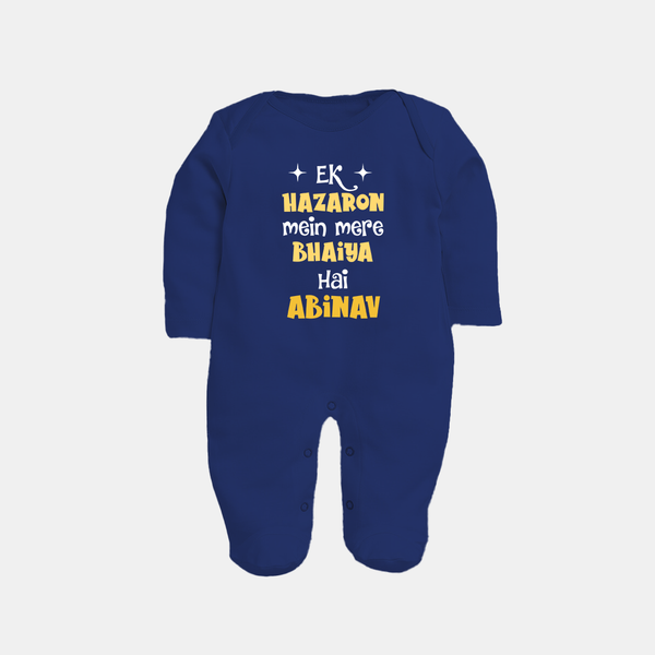 Ek Hazaron Mein Mere Bhaiya Hai Sleep suit/full sleeve body suit | Personalized Baby Sleep suit/full sleeve body suit for the One in a Million Brother - NAVY BLUE - New Born (Chest 7.5")