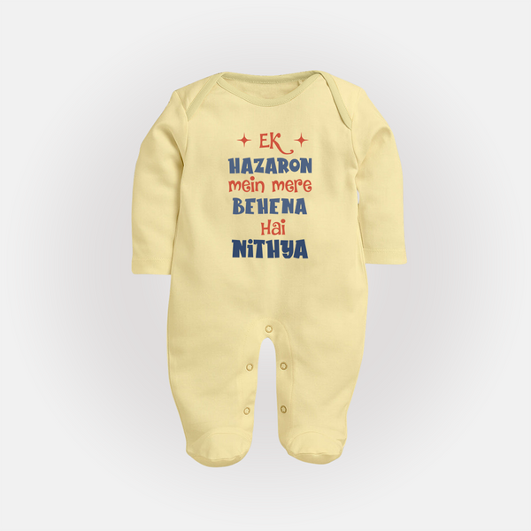 Ek Hazaron Mein Mere Behen Hai Sleep suit/full sleeve body suit | Custom Baby Sleep suit/full sleeve body suit for the One in a Million Sister - PASTEL YELLOW - New Born (Chest 7.5")