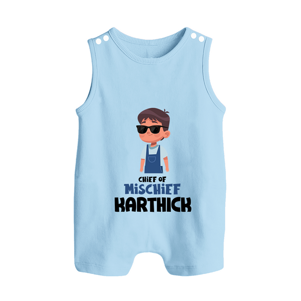 Chief of Mischief Romper suit/sleeveless romper | Personalized Baby Romper suit/sleeveless romper for the Little Mischief Maker - BABY BLUE - 0 - 5 Months Old (Chest 18")