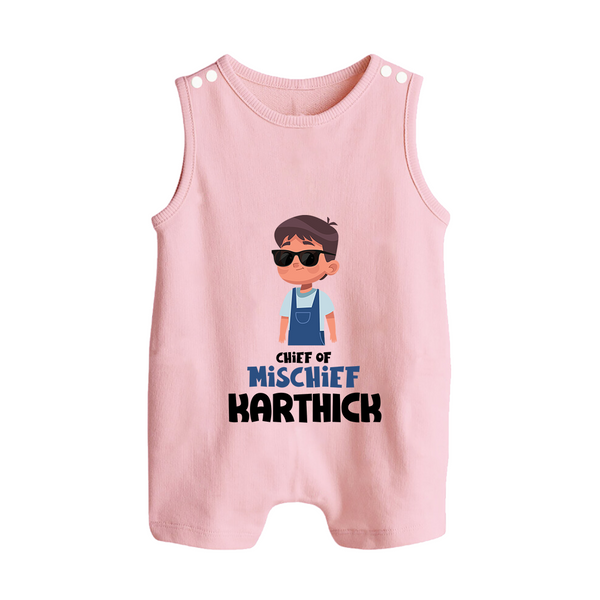 Chief of Mischief Romper suit/sleeveless romper | Personalized Baby Romper suit/sleeveless romper for the Little Mischief Maker - BABY PINK - 0 - 5 Months Old (Chest 18")