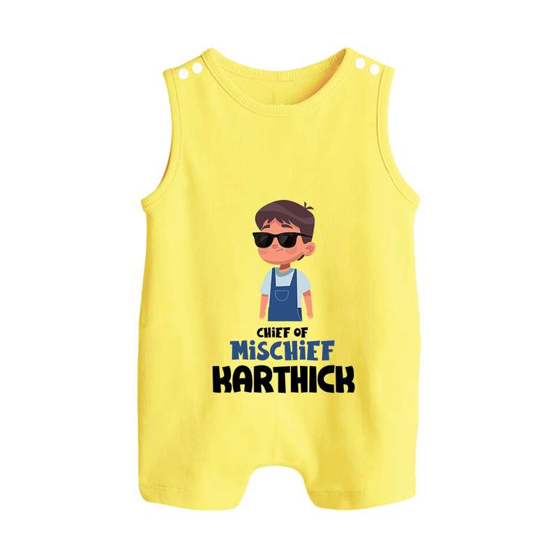 Chief of Mischief Romper suit/sleeveless romper | Personalized Baby Romper suit/sleeveless romper for the Little Mischief Maker - PASTEL YELLOW - 0 - 5 Months Old (Chest 18")