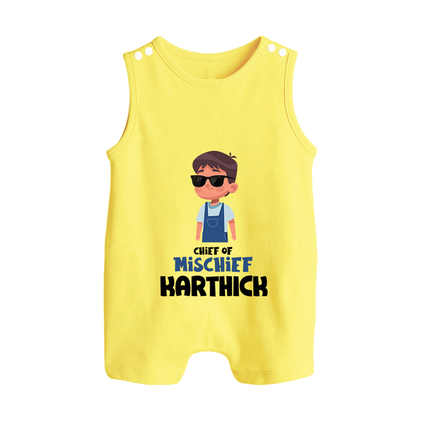 Chief of Mischief Romper suit/sleeveless romper | Personalized Baby Romper suit/sleeveless romper for the Little Mischief Maker - PASTEL YELLOW - 0 - 5 Months Old (Chest 18")
