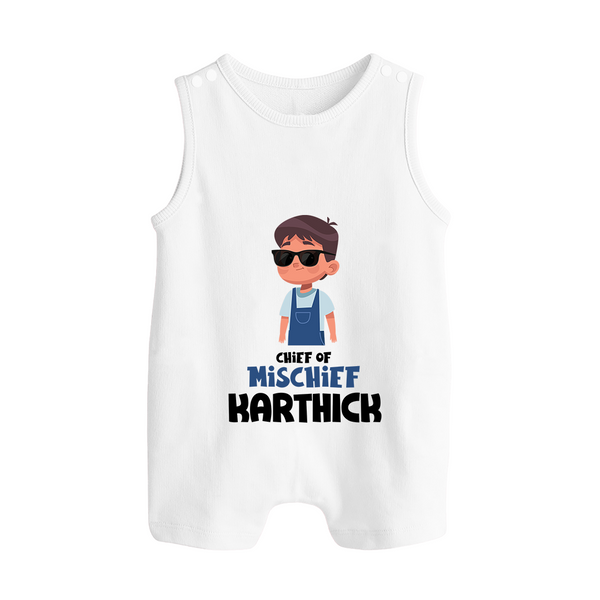 Chief of Mischief Romper suit/sleeveless romper | Personalized Baby Romper suit/sleeveless romper for the Little Mischief Maker - WHITE - 0 - 5 Months Old (Chest 18")
