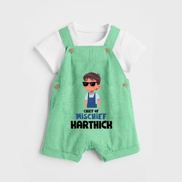 Chief of Mischief Dungaree Set | Personalized Baby Dungaree Set for the Little Mischief Maker - GREEN - 0 - 5 Months Old (Chest 18")