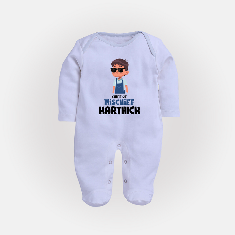 Chief of Mischief Sleep suit/full sleeve body suit | Personalized Baby Sleep suit/full sleeve body suit for the Little Mischief Maker - BABY BLUE - New Born (Chest 7.5")