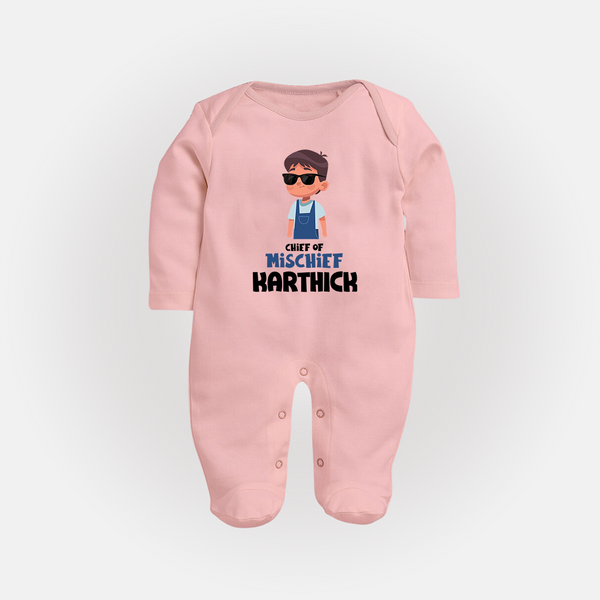 Chief of Mischief Sleep suit/full sleeve body suit | Personalized Baby Sleep suit/full sleeve body suit for the Little Mischief Maker - BABY PINK - New Born (Chest 7.5")