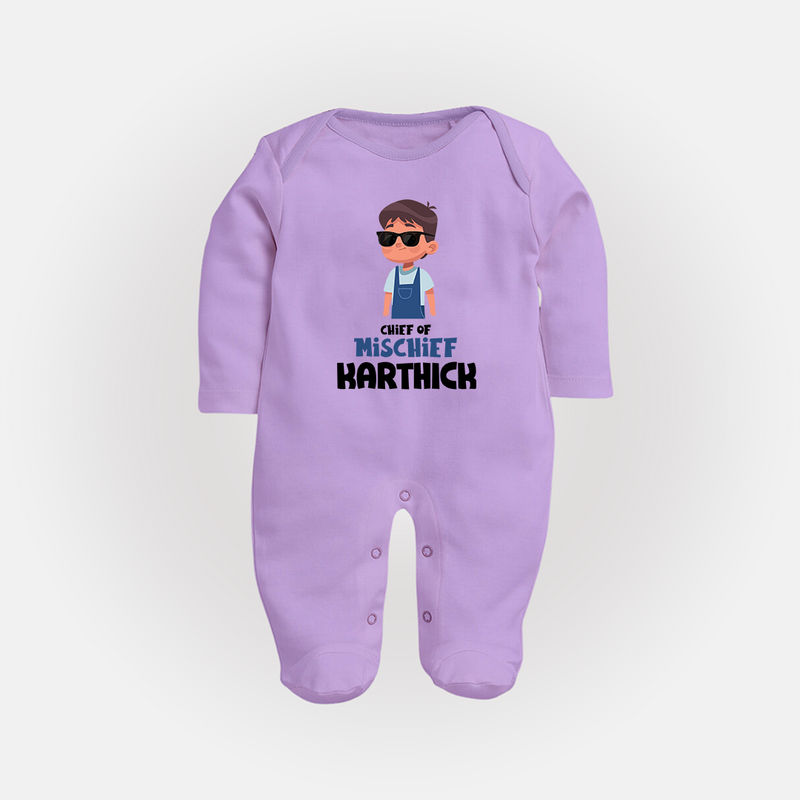 Chief of Mischief Sleep suit/full sleeve body suit | Personalized Baby Sleep suit/full sleeve body suit for the Little Mischief Maker - LILAC - New Born (Chest 7.5")
