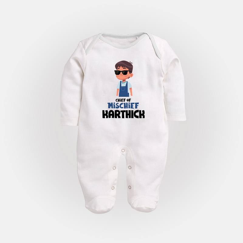 Chief of Mischief Sleep suit/full sleeve body suit | Personalized Baby Sleep suit/full sleeve body suit for the Little Mischief Maker - WHITE - New Born (Chest 7.5")