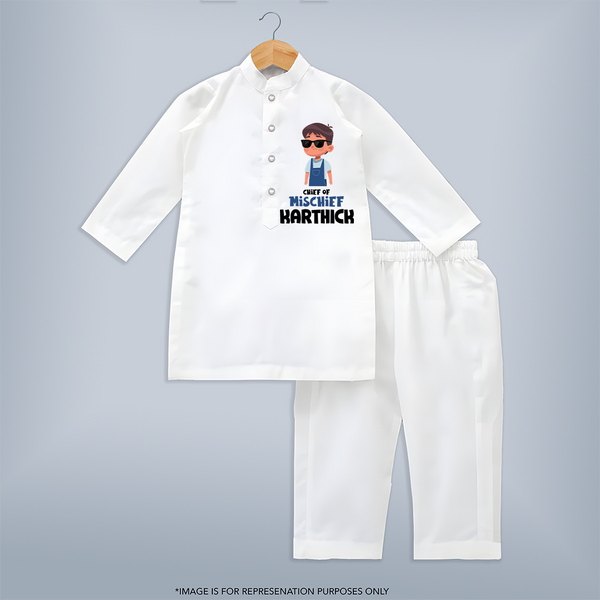 Chief of Mischief Kurta Set | Personalized Baby Kurta Set for the Little Mischief Maker - WHITE - 3 - 6 Months Old (Chest 24", Kurta Length 14'', Waist 19", Pant Length 14")