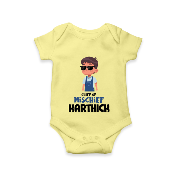 Chief of Mischief Romper/onesie | Personalized Baby Romper/onesie for the Little Mischief Maker - PASTEL YELLOW - New Born (Chest 14")