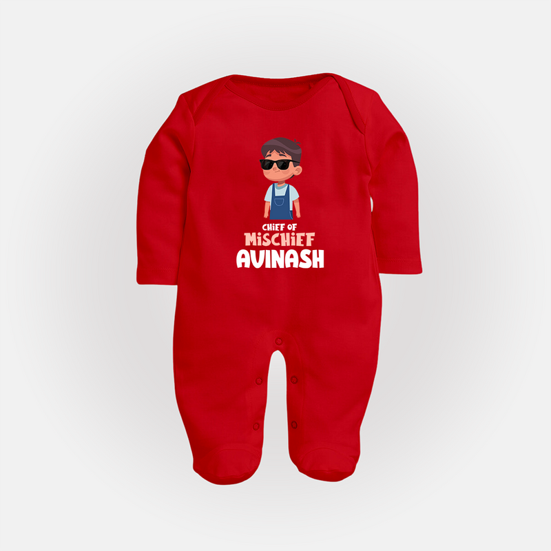 Chief of Mischief Sleep suit/full sleeve body suit | Personalized Baby Sleep suit/full sleeve body suit for the Little Mischief Maker - RED - New Born (Chest 7.5")