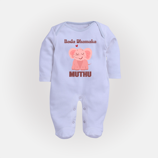 Bada Dhamaka Sleep suit/full sleeve body suit | Custom Baby Sleep suit/full sleeve body suit for the Big Bang in the Family - BABY BLUE - New Born (Chest 7.5")