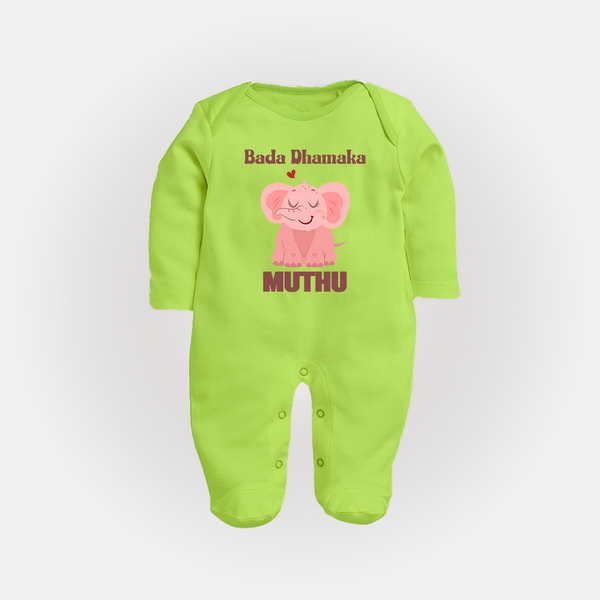 Bada Dhamaka Sleep suit/full sleeve body suit | Custom Baby Sleep suit/full sleeve body suit for the Big Bang in the Family - LIME GREEN - New Born (Chest 7.5")