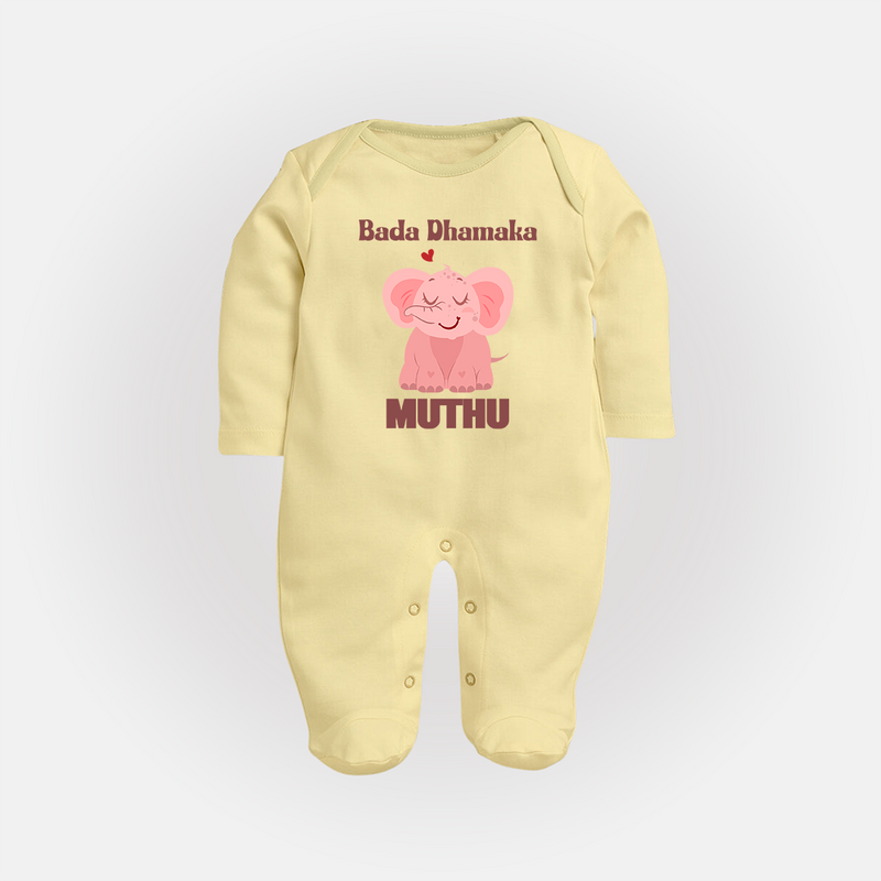 Bada Dhamaka Sleep suit/full sleeve body suit | Custom Baby Sleep suit/full sleeve body suit for the Big Bang in the Family - PASTEL YELLOW - New Born (Chest 7.5")