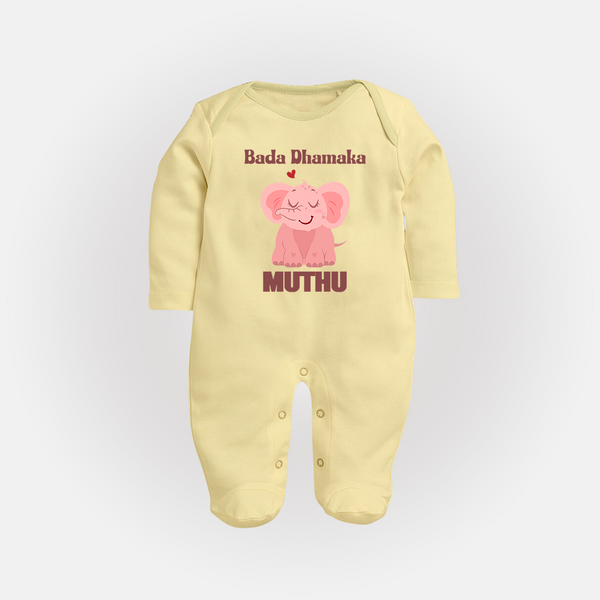 Bada Dhamaka Sleep suit/full sleeve body suit | Custom Baby Sleep suit/full sleeve body suit for the Big Bang in the Family - PASTEL YELLOW - New Born (Chest 7.5")