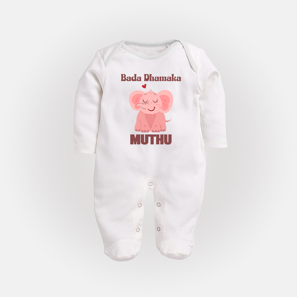 Bada Dhamaka Sleep suit/full sleeve body suit | Custom Baby Sleep suit/full sleeve body suit for the Big Bang in the Family - WHITE - New Born (Chest 7.5")
