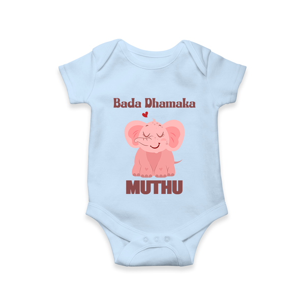 Bada Dhamaka Romper/onesie | Custom Baby Romper/onesie for the Big Bang in the Family - BABY BLUE - New Born (Chest 14")