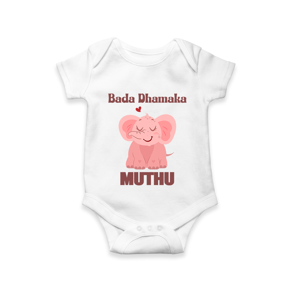 Bada Dhamaka Romper/onesie | Custom Baby Romper/onesie for the Big Bang in the Family - WHITE - New Born (Chest 14")