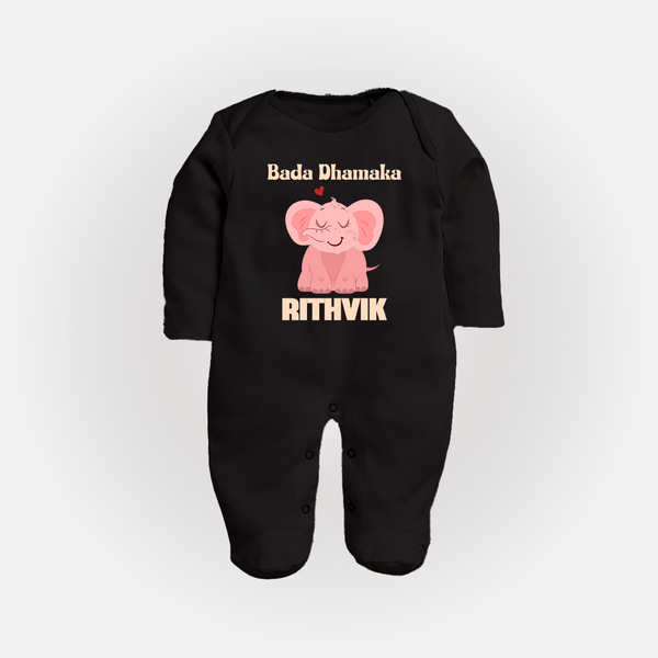 Bada Dhamaka Sleep suit/full sleeve body suit | Custom Baby Sleep suit/full sleeve body suit for the Big Bang in the Family - BLACK - New Born (Chest 7.5")