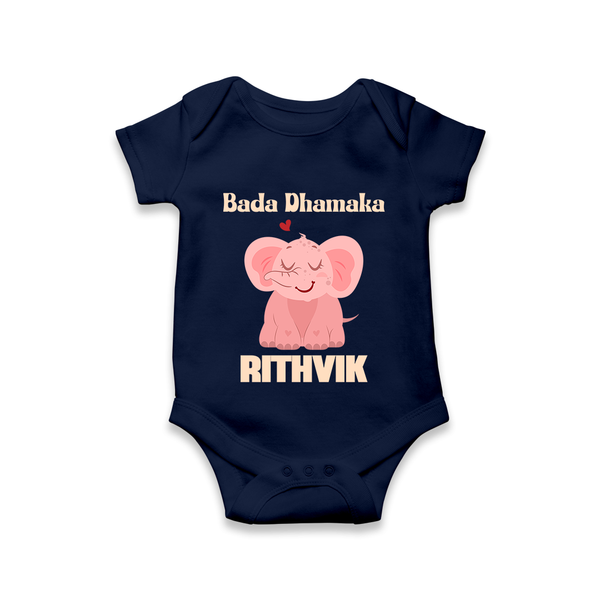 Bada Dhamaka Romper/onesie | Custom Baby Romper/onesie for the Big Bang in the Family - NAVY BLUE - New Born (Chest 14")