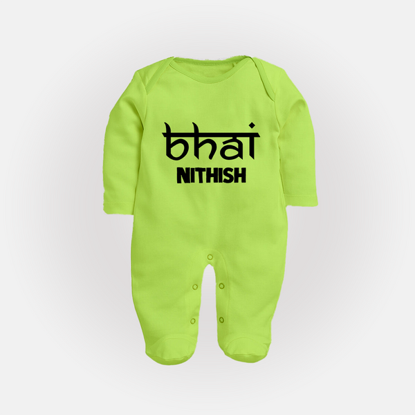 Bhai Sleep suit/full sleeve body suit | Personalized Baby Sleep suit/full sleeve body suit for the Cool Brother - LIME GREEN - New Born (Chest 7.5")
