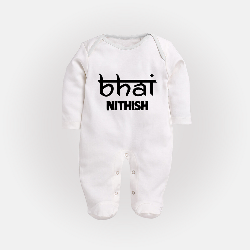 Bhai Sleep suit/full sleeve body suit | Personalized Baby Sleep suit/full sleeve body suit for the Cool Brother - WHITE - New Born (Chest 7.5")