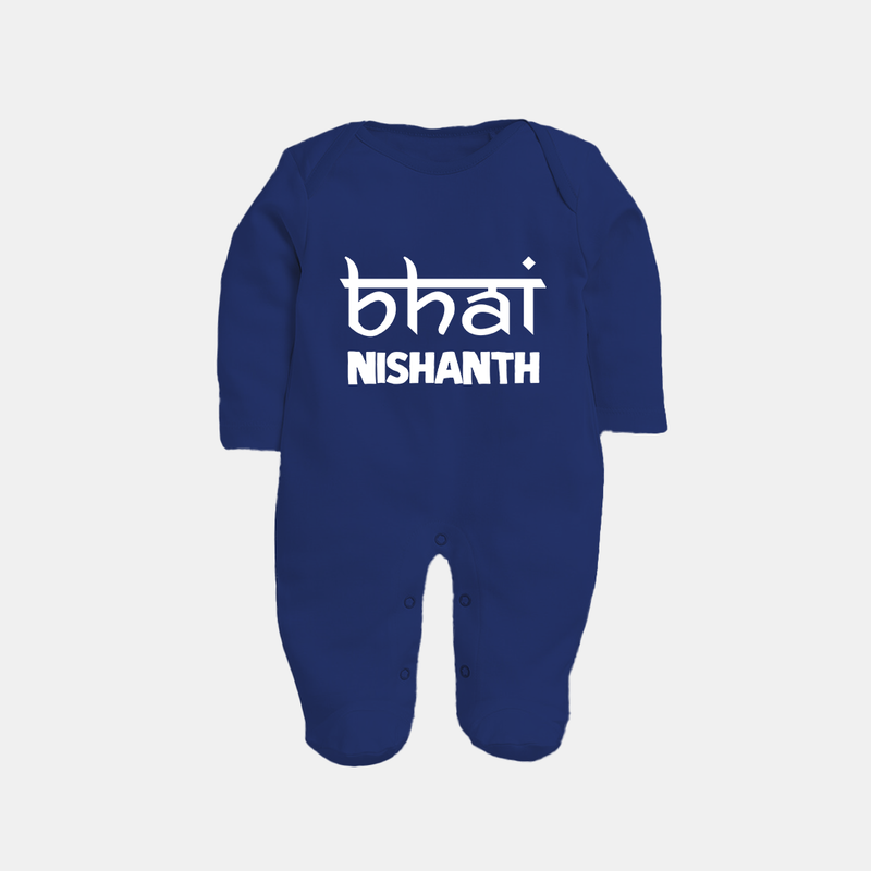 Bhai Sleep suit/full sleeve body suit | Personalized Baby Sleep suit/full sleeve body suit for the Cool Brother - NAVY BLUE - New Born (Chest 7.5")